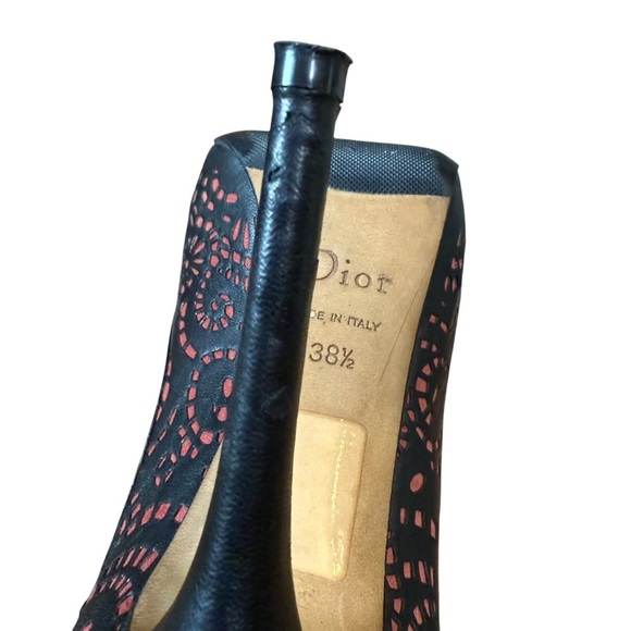 Dior Stilettos Size 38.5 Laser Cut Caprice Black Pink US Size 8.5 Peep Toe - Picture 6 of 11